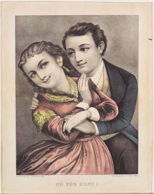 Girl In Pink Dress With Gold Trim To Left Standing In Arms Of Young Man In Blue Jacket Who Is Looking At Her