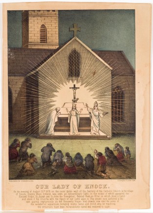 Three Persons In White Gown At An Altar Aside A Church In The Evening Speaking To An Audience Of People Kneeling Before Them