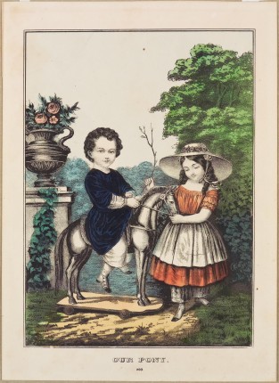 Young Boy In Blue Dress Astride Toy Horse On Wheels; Young Girl In Orange Dress Admiring Horse