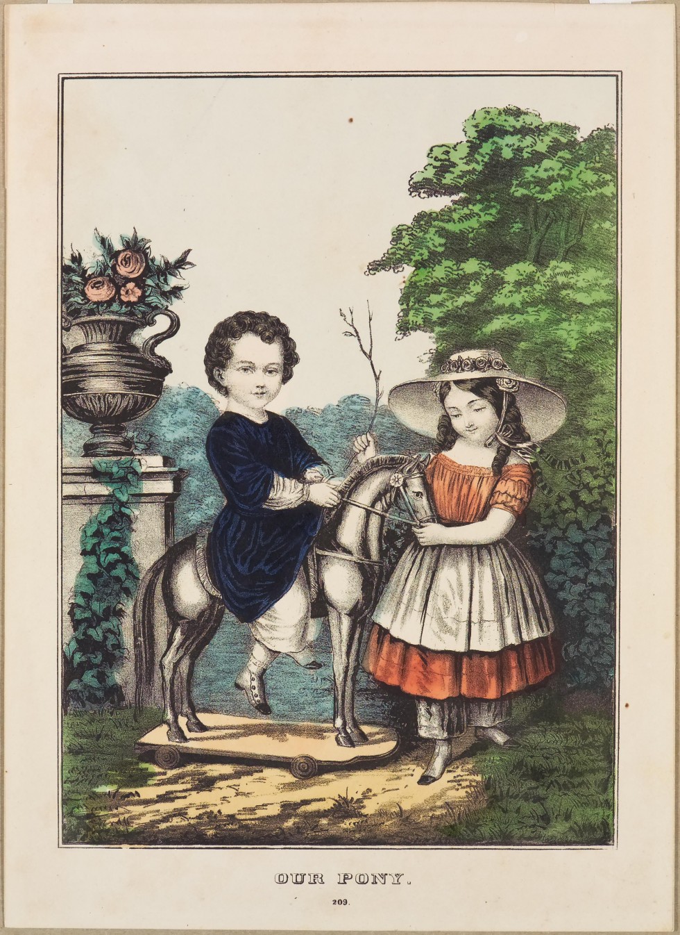 Young boy in blue dress astride toy horse on wheels; young girl in orange dress admiring horse
