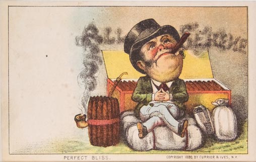 Man smoking cigar sitting on sacks in front of full box of cigars