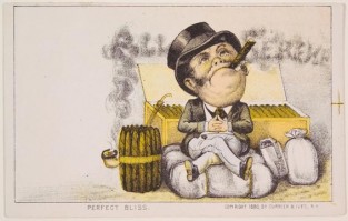 Man sitting on sacks smoking a cigar in front of a box of cigars with a standing cluster of cigars to his right
