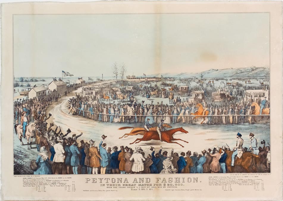 Racetrack scene - two riders and horses at front center