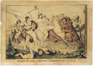 Five Women Standing Dressed As Warriors Attacking Lion Which Has Their Horse Seized By The Throat