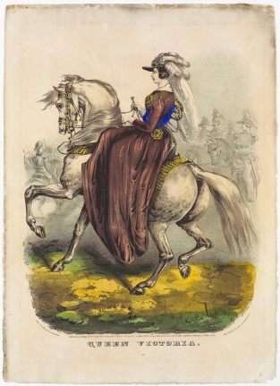 Regally Dressed Woman Astride A White Horse Facing Left In Image