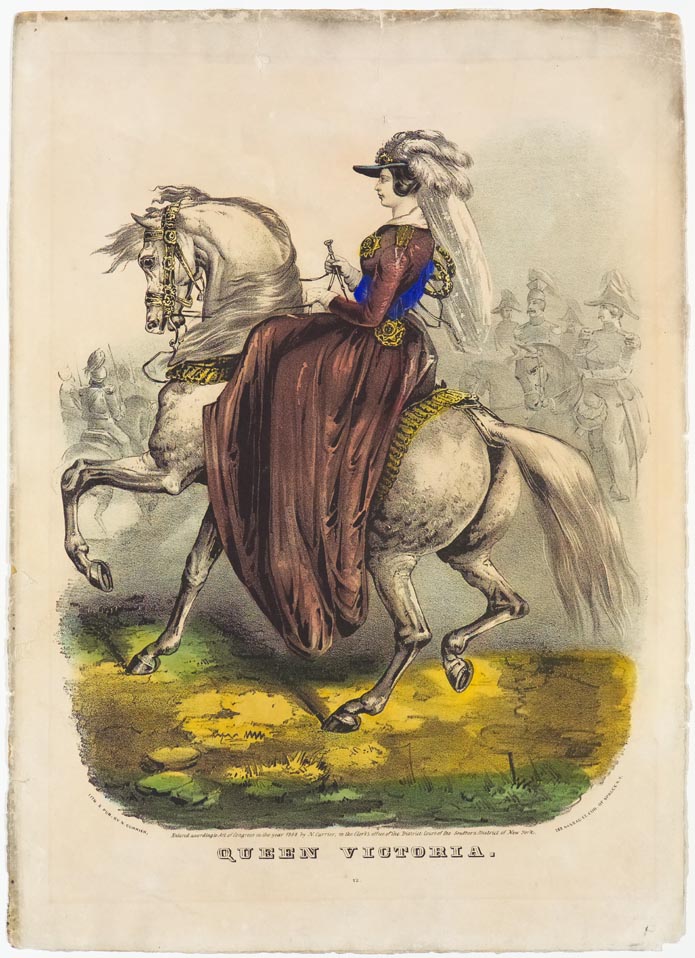 Regally dressed woman astride a white horse facing left in image