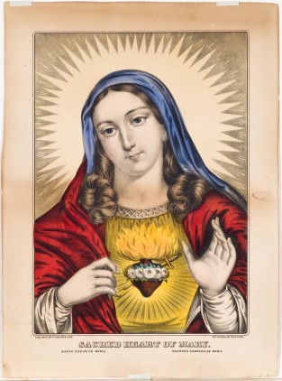 Mary at center with blue veil on head