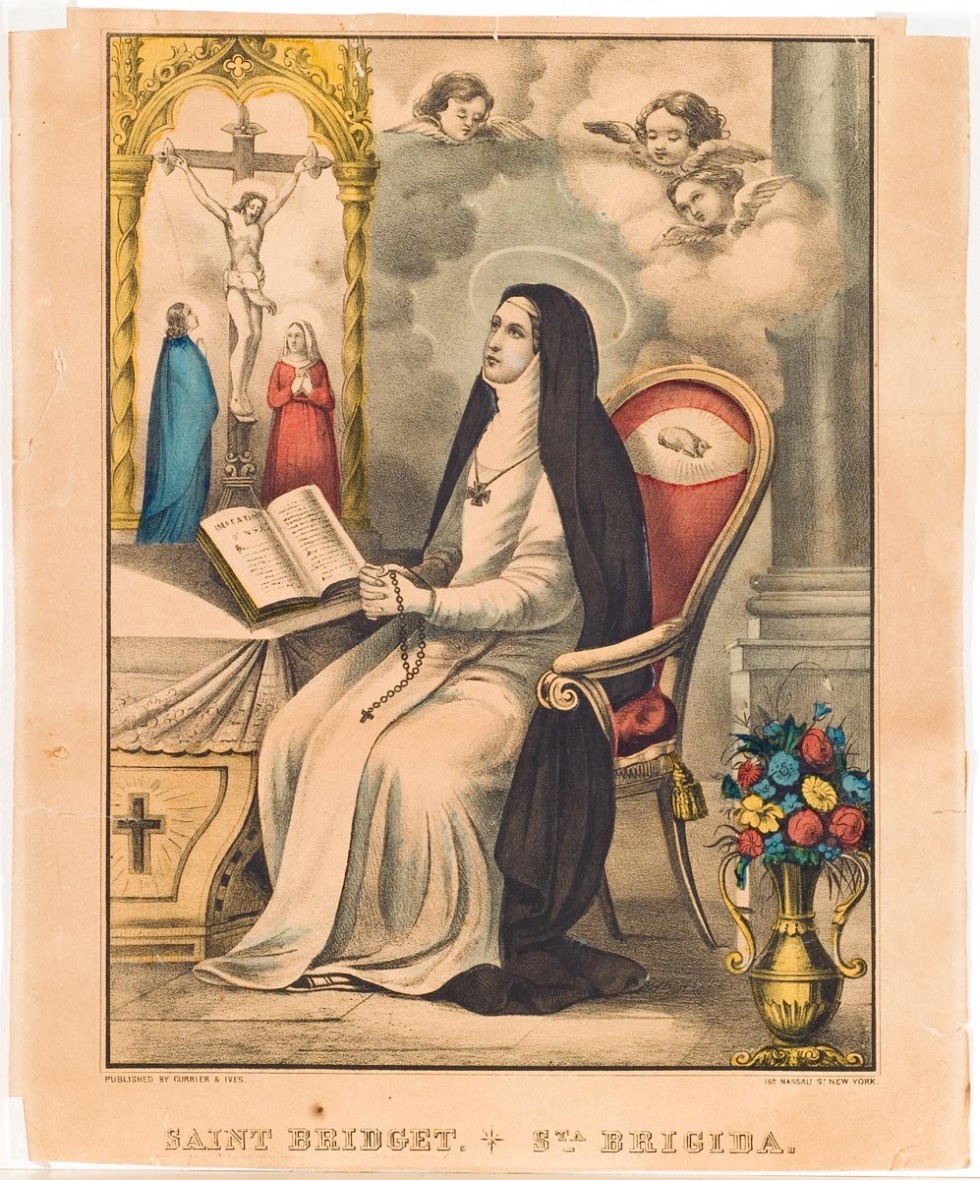 Woman seated at center wearing a robe and habit