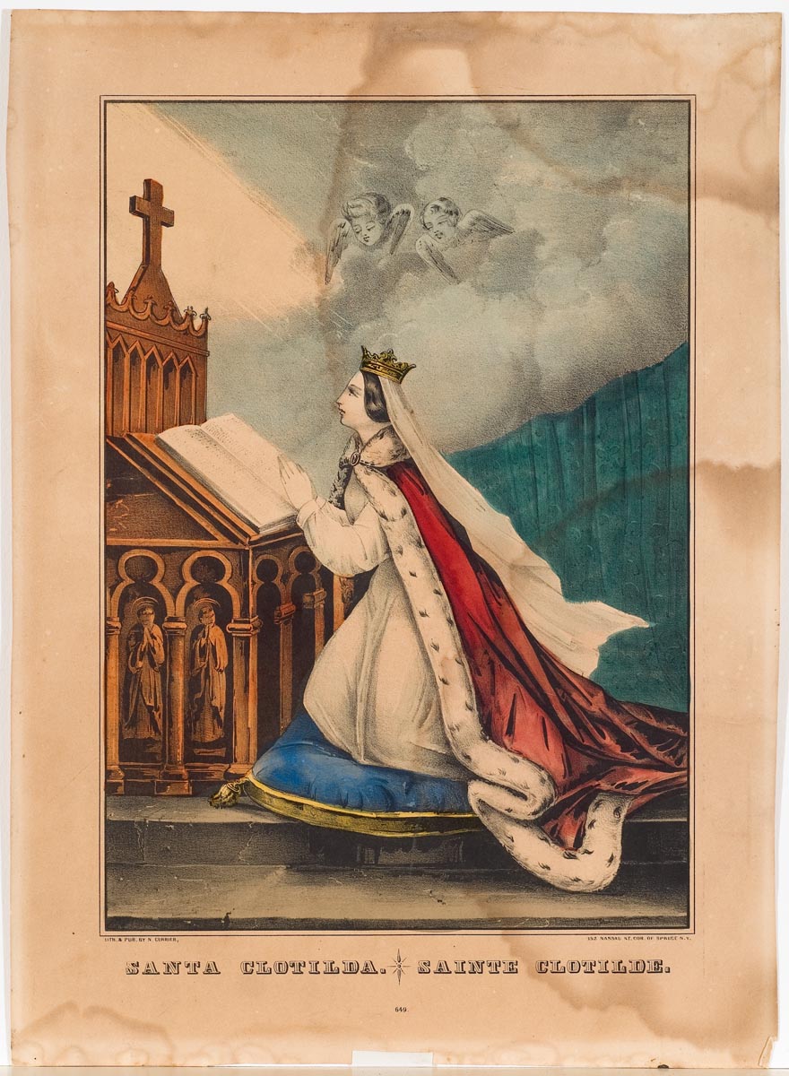 Woman in white gown and red robe trimmed in ermine kneeling on blue pillow to left in front of an altar