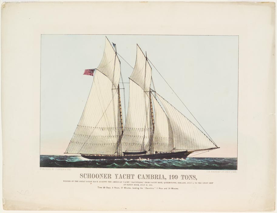 Schooner sailing to left in image