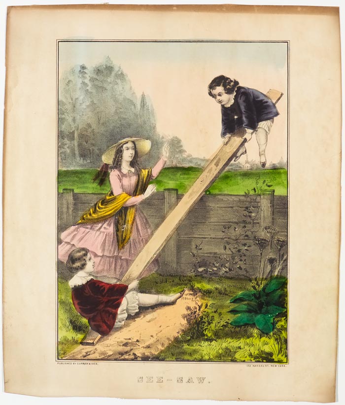 Adult in pink dress headed to keep boy at top of see-saw in blue from falling