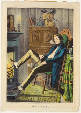 Young Man Smoking Long-handled Pipe Sitting On Chair In Front Of Fireplace With Proper Right Foot Resting On Top Of Grate