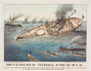 Ship facing to left in image lying on its proper left sinking into ocean