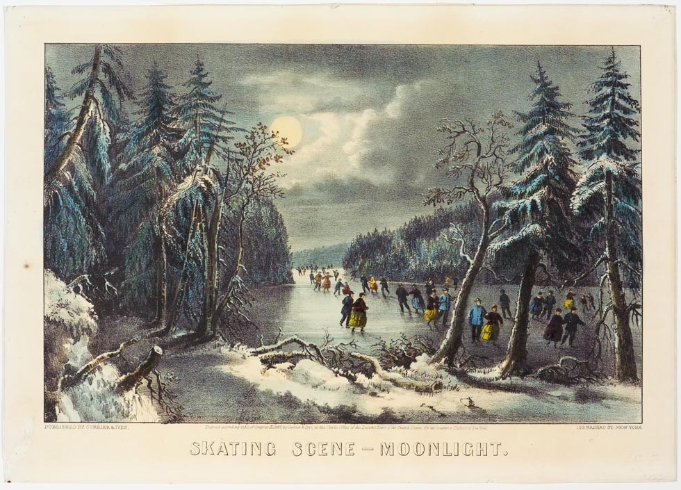 Moonlight scene of skaters on lake -woods surrounding lake