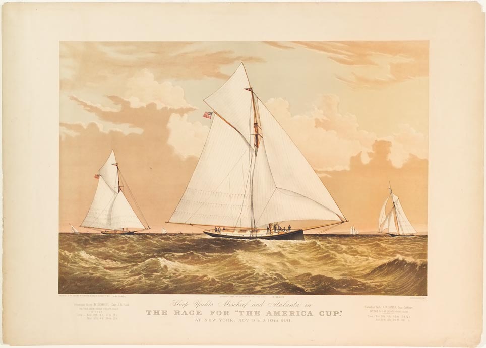 Ship MISCHIEF at center sailing to right