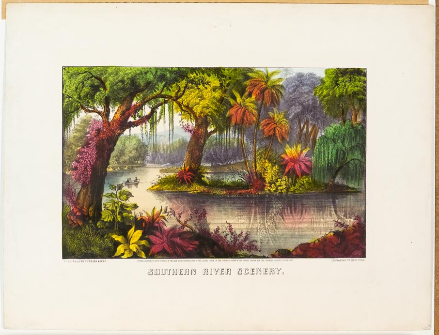 Lush river scene of river winding its way from left center down through center right