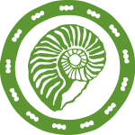 Green, circular medallion with a fossil in the center.