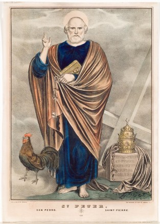 St Peter standing at center wearing blue gown