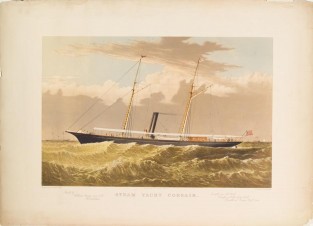 Yacht with sails closed; sailing to left in image