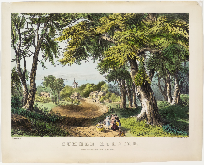 Pastoral scene - water in background with ships sailing