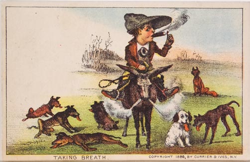 Man smoking cigar astride donkey