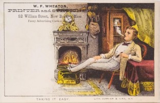 Man sitting on couch smoking cigar in parlor in front of fireplace