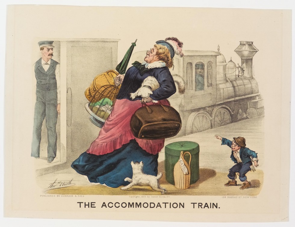 Porter standing in doorway of train at left looking at woman loaded with luggage and a cat and a dog approaching train
