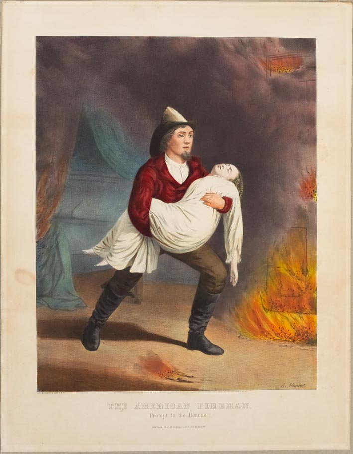 Fireman carrying an unconscious woman through burning building