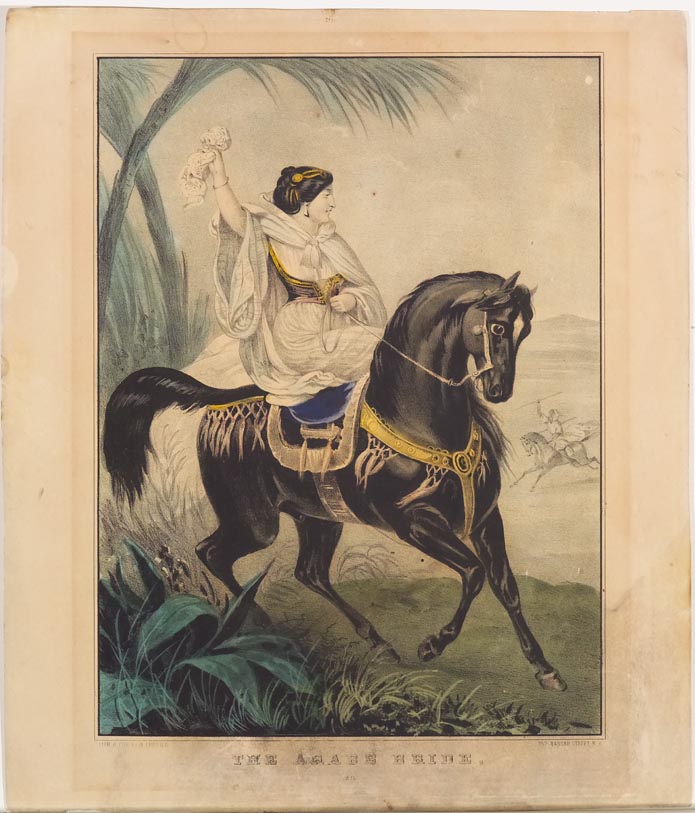 Woman in white astride black horse facing to right in image