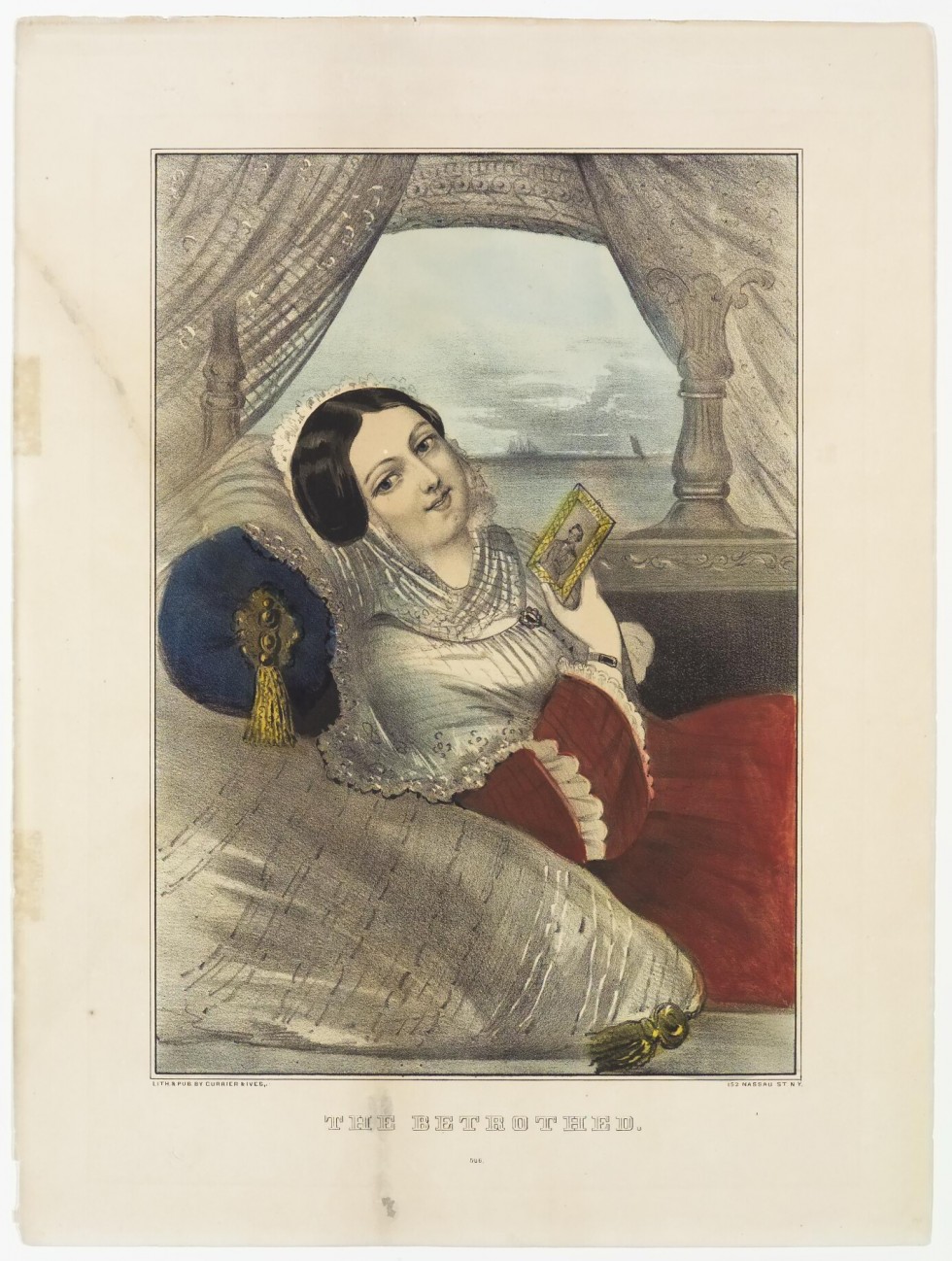 Woman in red dress reclining on pillows (one under her head in blue)