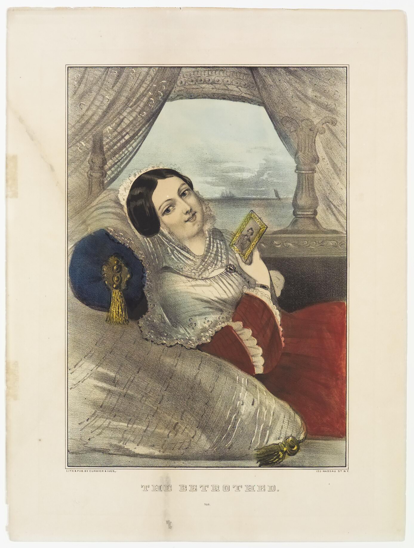 Woman in red dress reclining on pillows (one under her head in blue)