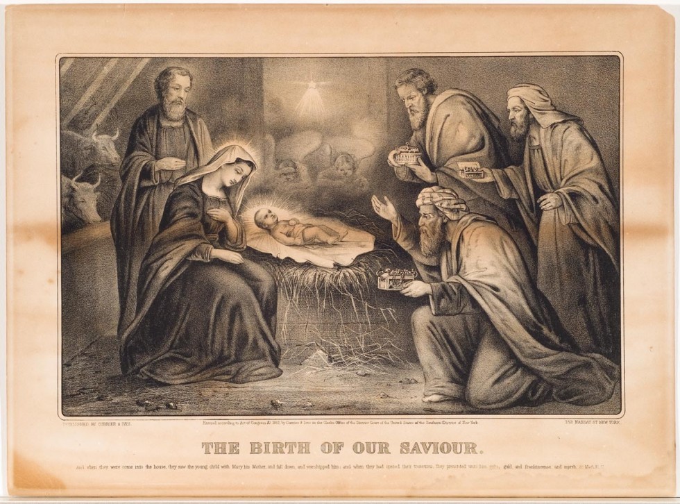 Jesus as an infant in manger surrounded by Mary and Joseph to left and the Three Wisemen bearing gifts to the right