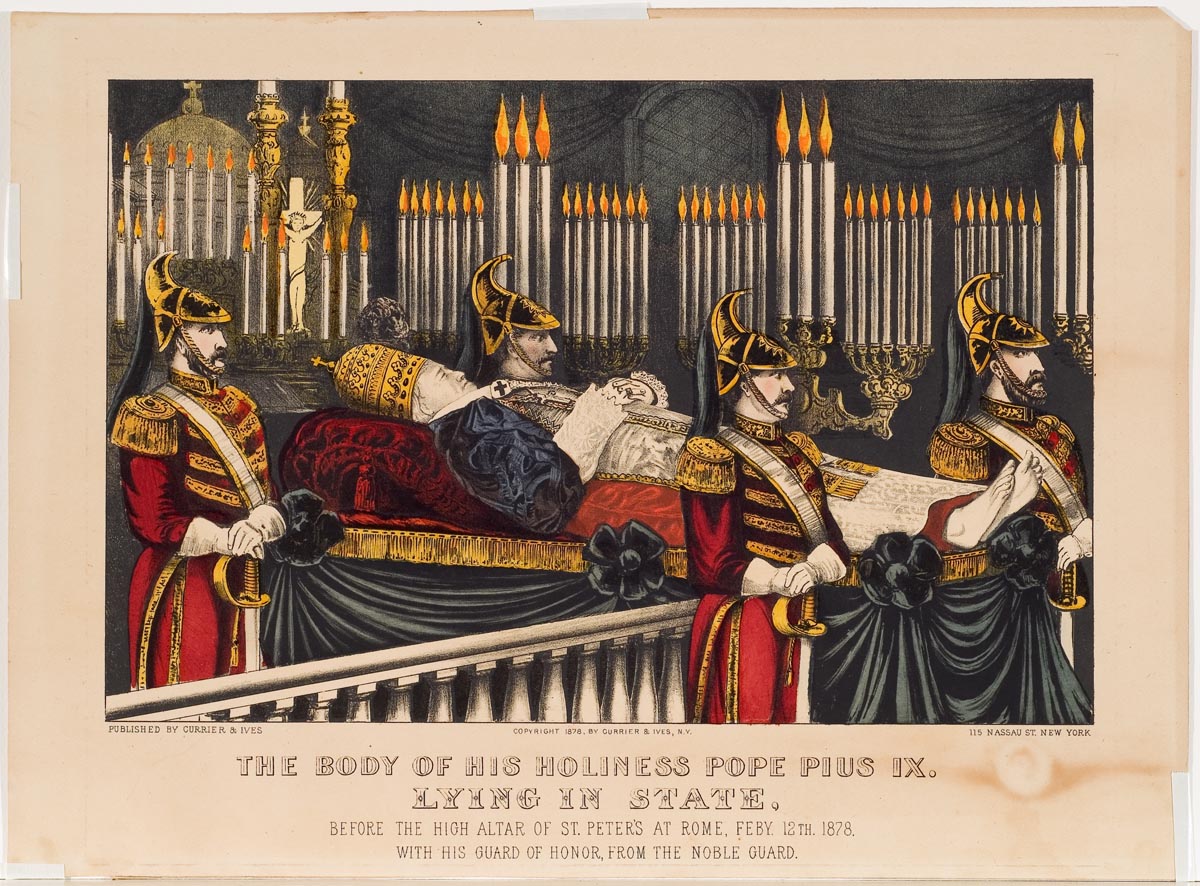 Pope Pius IX lying in state surrounded by four guards one at each corner and many candles lit behind
