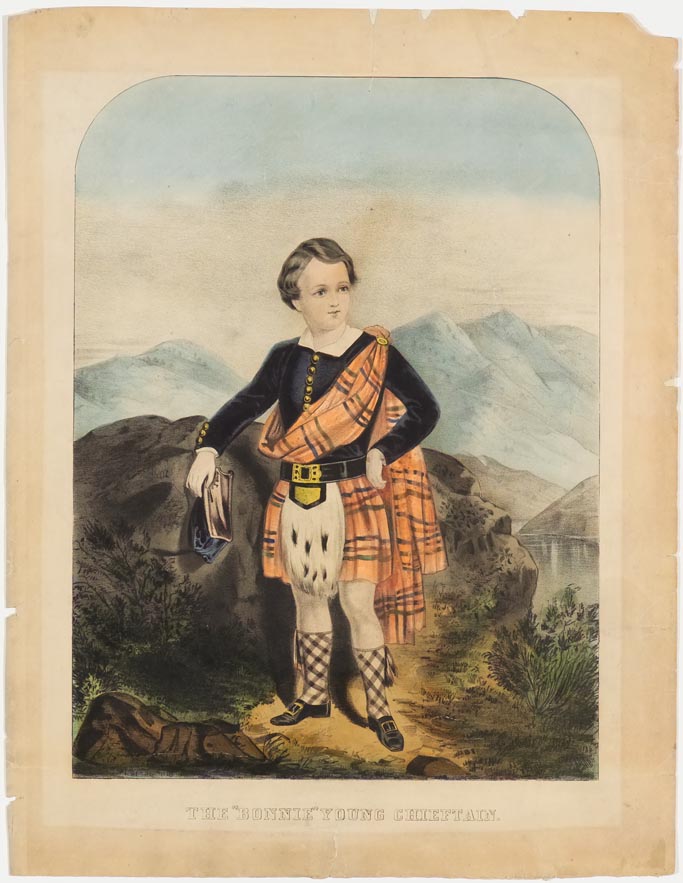 Young man at center facing to right of viewer in Scottish dress -orange plaid shawl