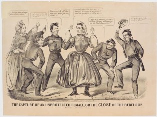 Black and white image of 4men surrounding a man at center dressed as a woman with a woman looking from the left