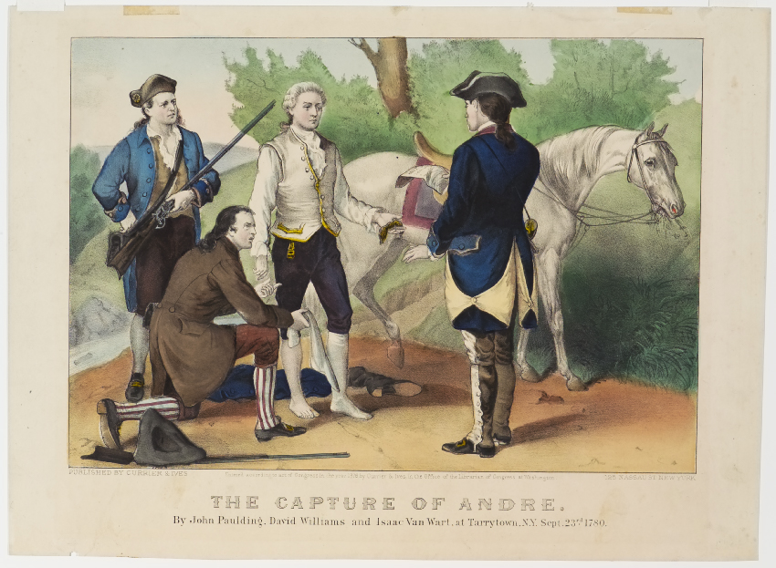 Man in blue uniform reading from a piece of paper to three other men standing aside white horse