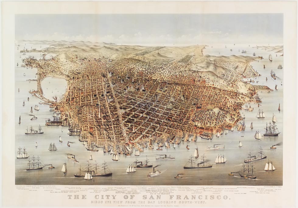 Bird's eye (aerial) view of city of San Francisco looking south west