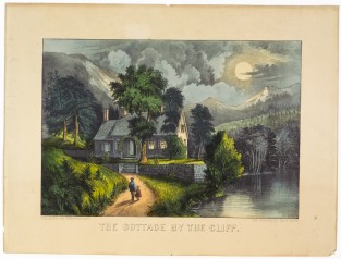 Cottage under moonlit sky next to a river