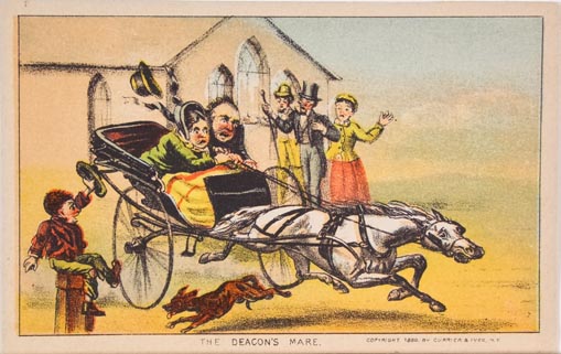 Man and woman in carriage being pulled by a white horse in a fast gallop away from a crowd at a church
