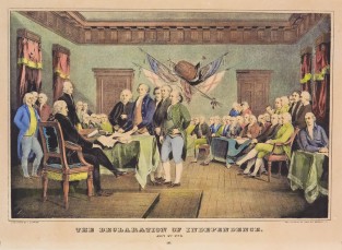 Interior scene of groups of men in discussion over document in hands of one at table in forefront