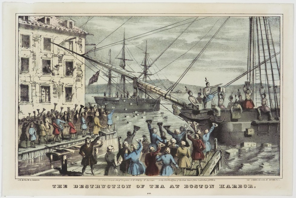 Ship at right in harbor with Native Americans tossing crates off ship into water