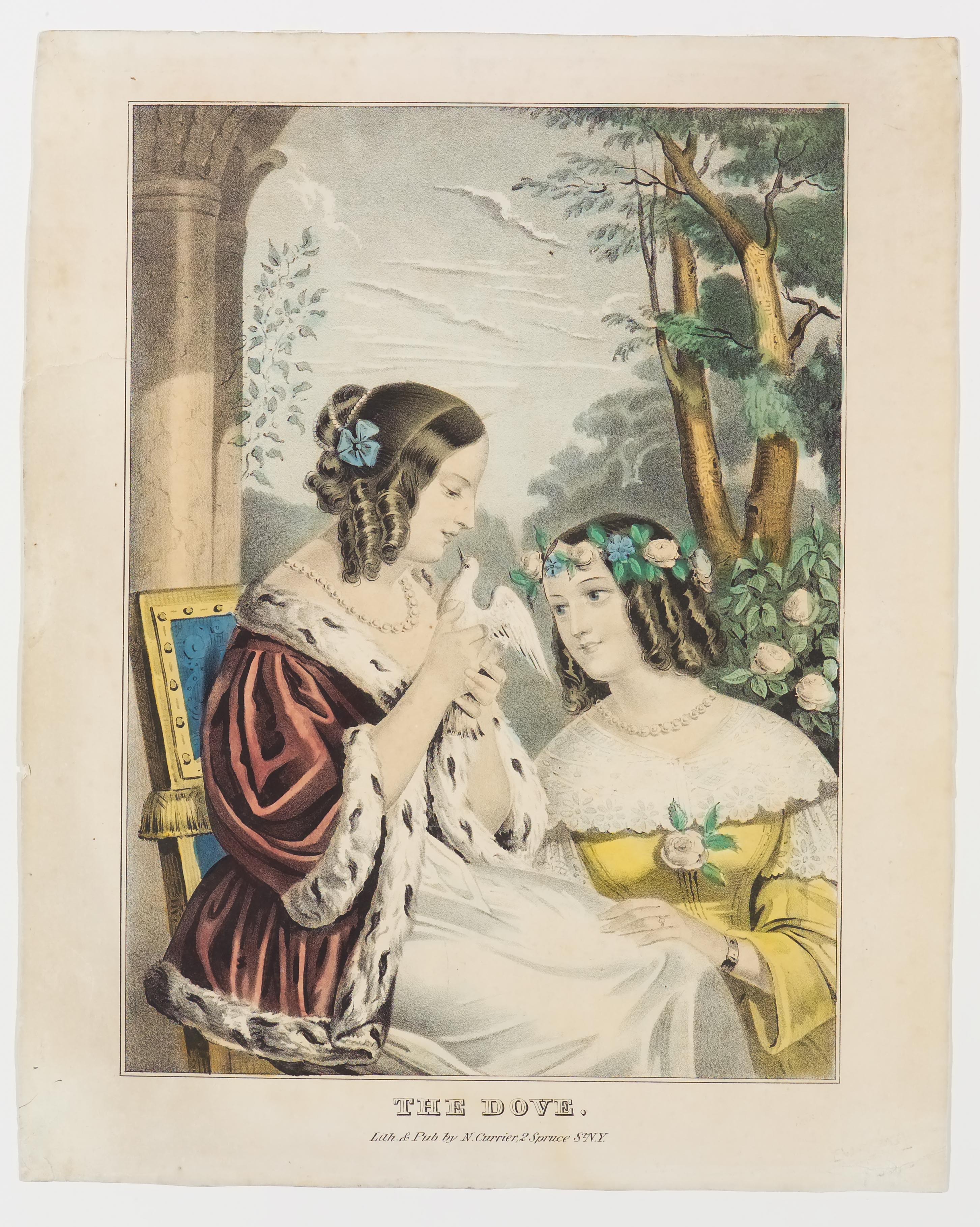 Two women - one on left seated holding and looking down at dove; one on right in yellow dress and kneeling and looking up at dove