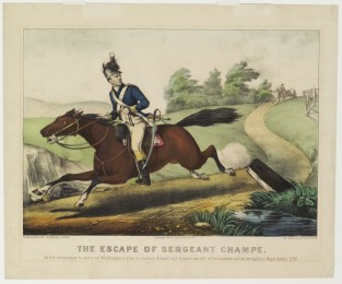 Rider in uniform atop horse racing down path while rider looks over his proper left shoulder to those chasing him