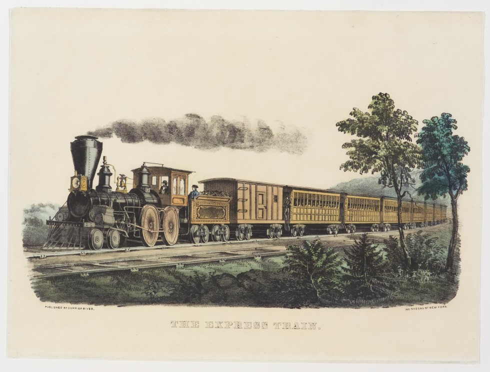 Engine with 9 cars including first being coal car; headed toward left in image alongside a second set of tracks