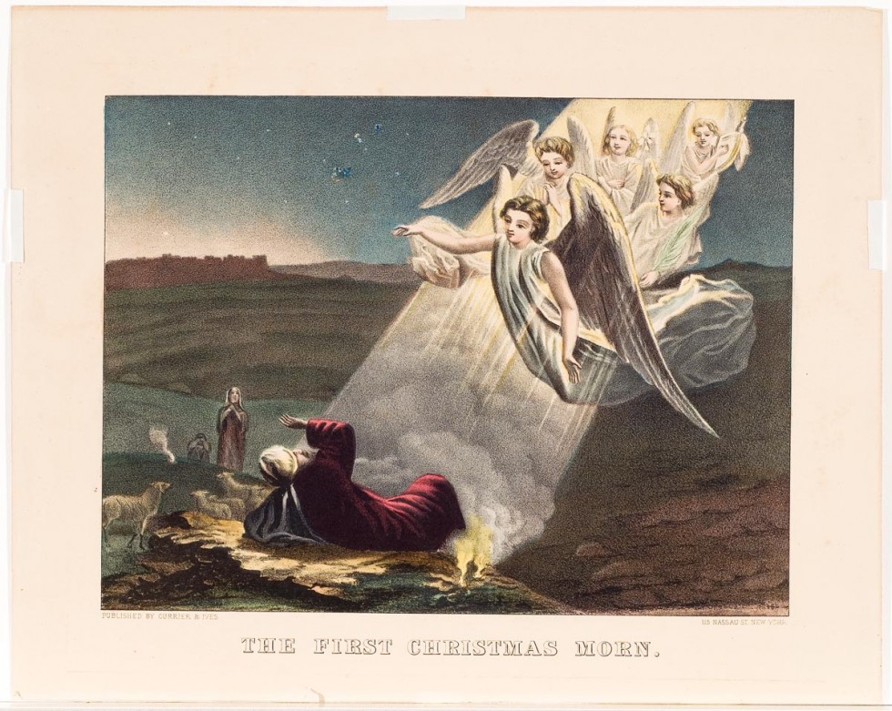 Shepherd lying on his back on ground in ray of light from descending angels in upper right corner