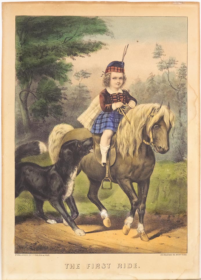 Young girl in Scottish dress atop pony with black dog walking alongside by her right