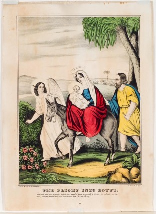 Mary Wearing A Red Robe On Horseback Holding Infant Christ In Lap