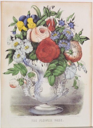 Decorated Vase With Filagree Handles At Center Filled With Floral Arrangement; Roses At Center