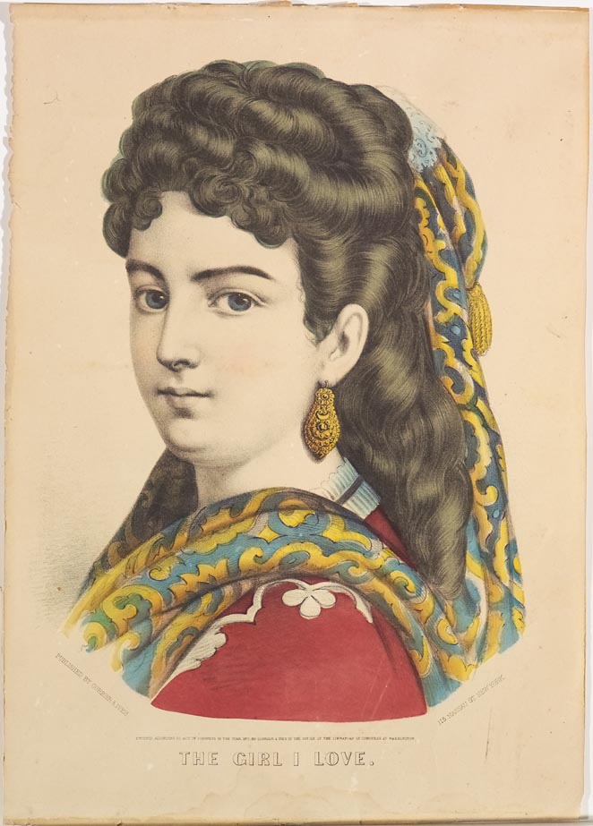 Bust of a woman in red dress with blue and gold shawl in hair and flowing down around shoulders