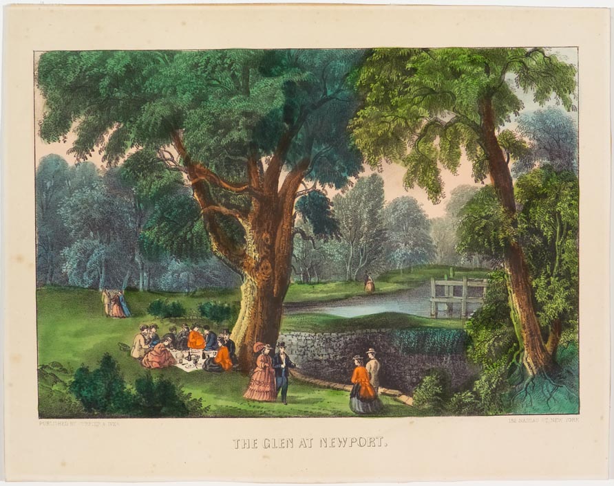 Pastoral scene of people walking and picnicking in park